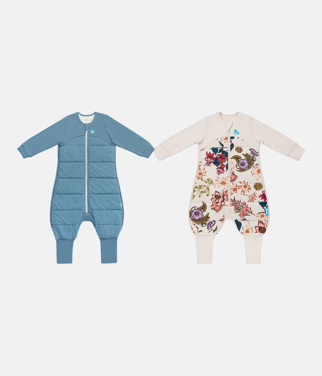 Footed Sleep Bag 2 Piece Bundle | 2.5 TOG | Storm Blue Pebbles | Cream Wandering Folk