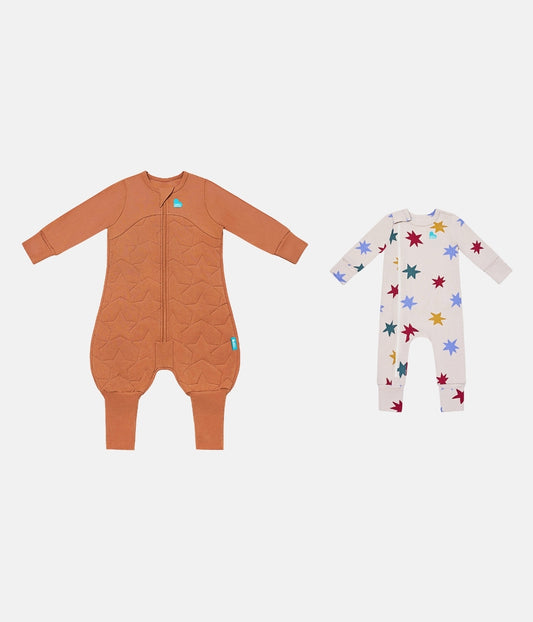 Footed Sleep Bag & Babygrow Bundle | 2.5 TOG | Hazel Starturn | Tan Party Pop