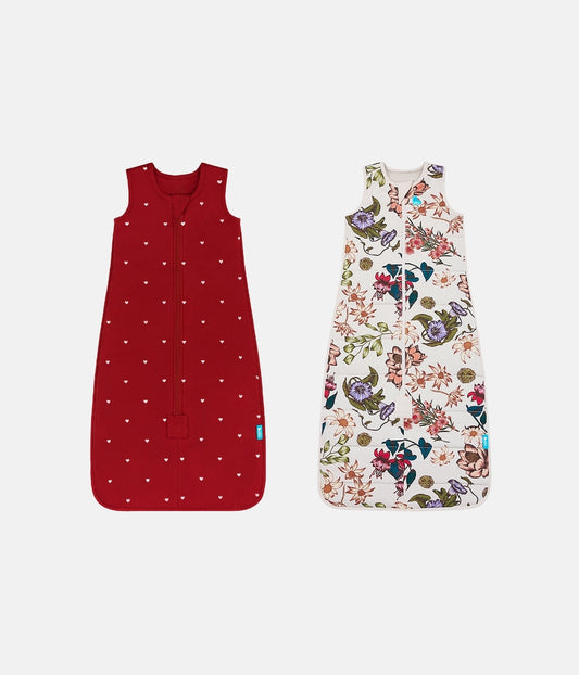 Sleep Bag 2 Piece Bundle | 1.5 | 2.5 TOG | Maroon Hearts Embroidery | Cream Wandering Folk