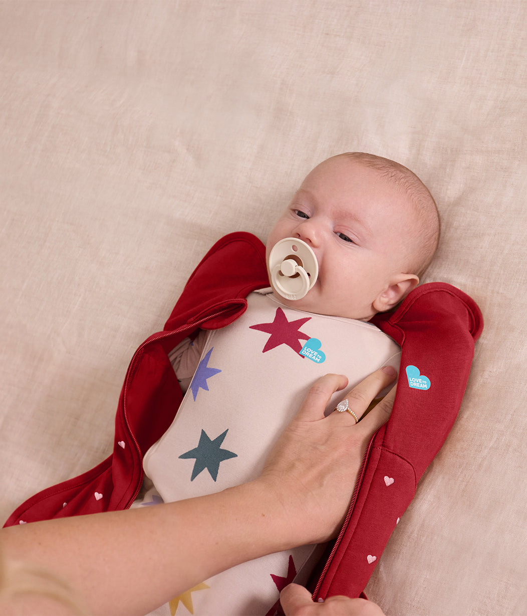 Swaddle Up™ 1.5 TOG Cotton Fleece Maroon Hearts Embroidery