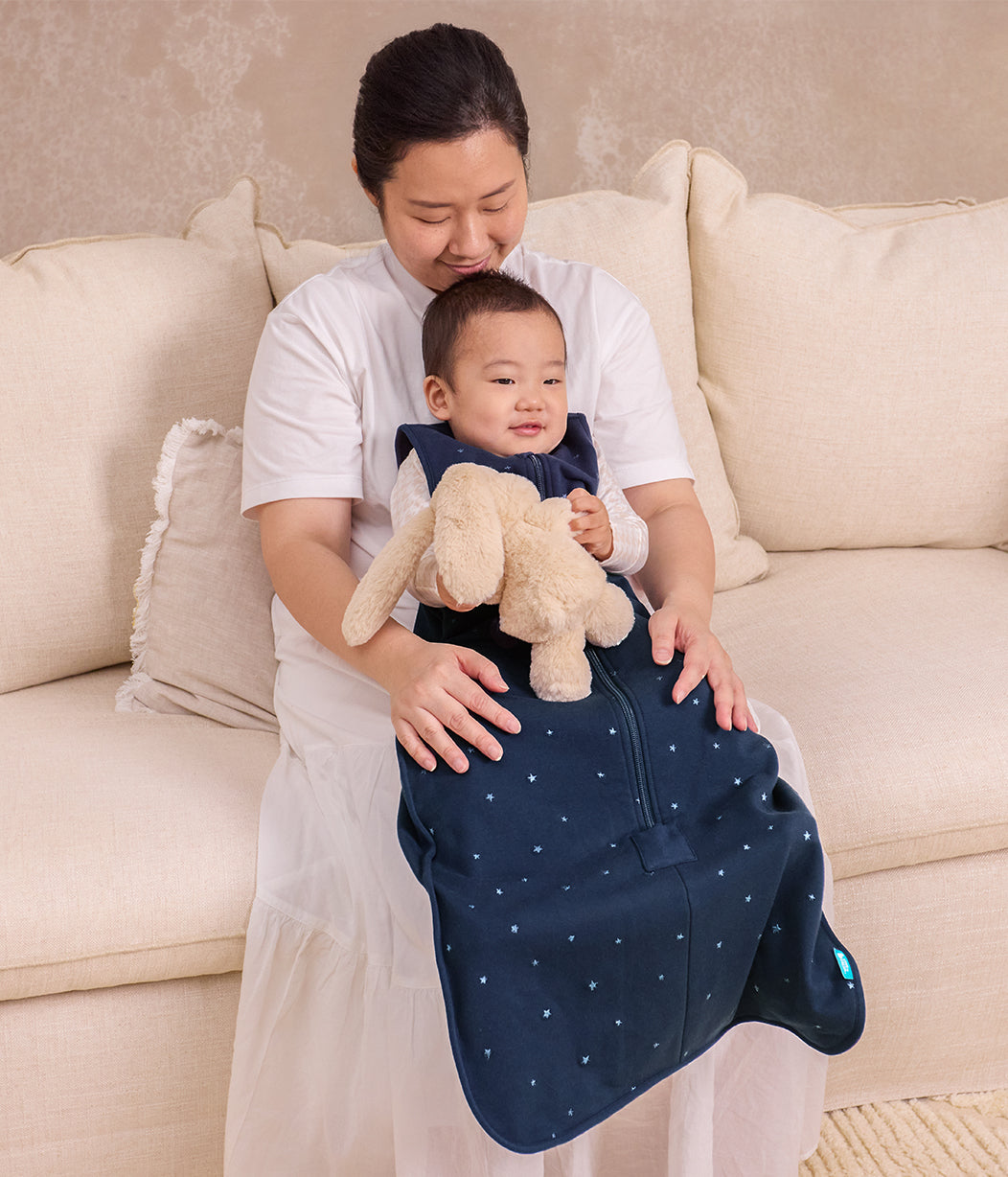 Sleep Bag Sleeveless 1.5 TOG Cotton Fleece Navy Twinkle Embroidery