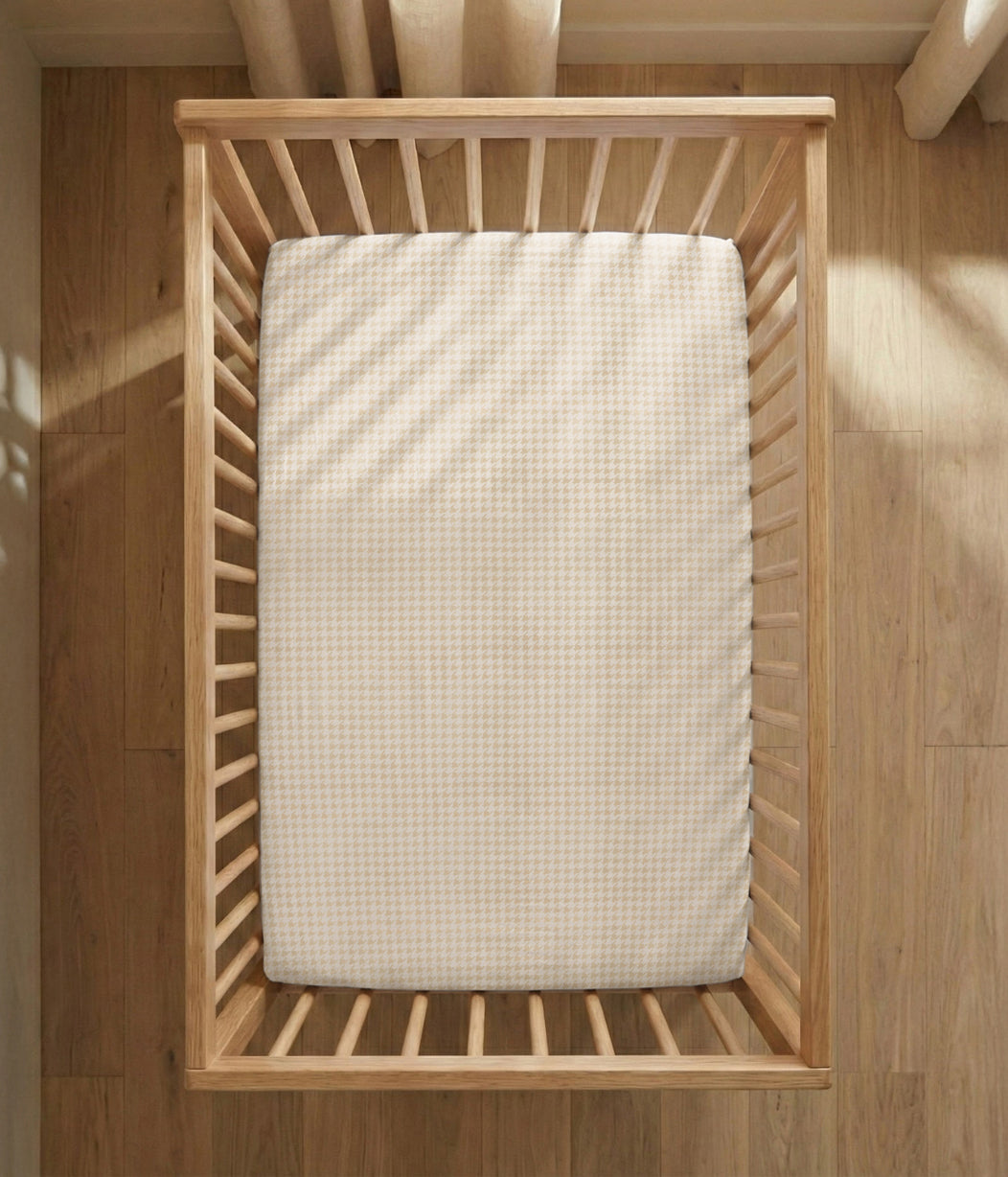 HushDry™ 2-in-1 Waterproof Fitted Cot Bed Sheet Viscose from Bamboo Tan Houndstooth
