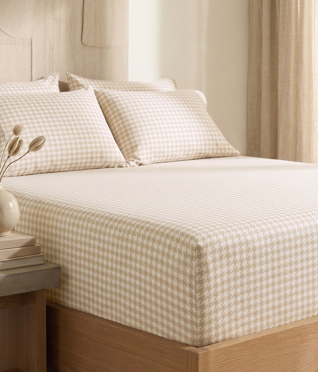 HushDry™ 2-in-1 Waterproof Fitted Double Sheet Viscose from Bamboo Tan Houndstooth