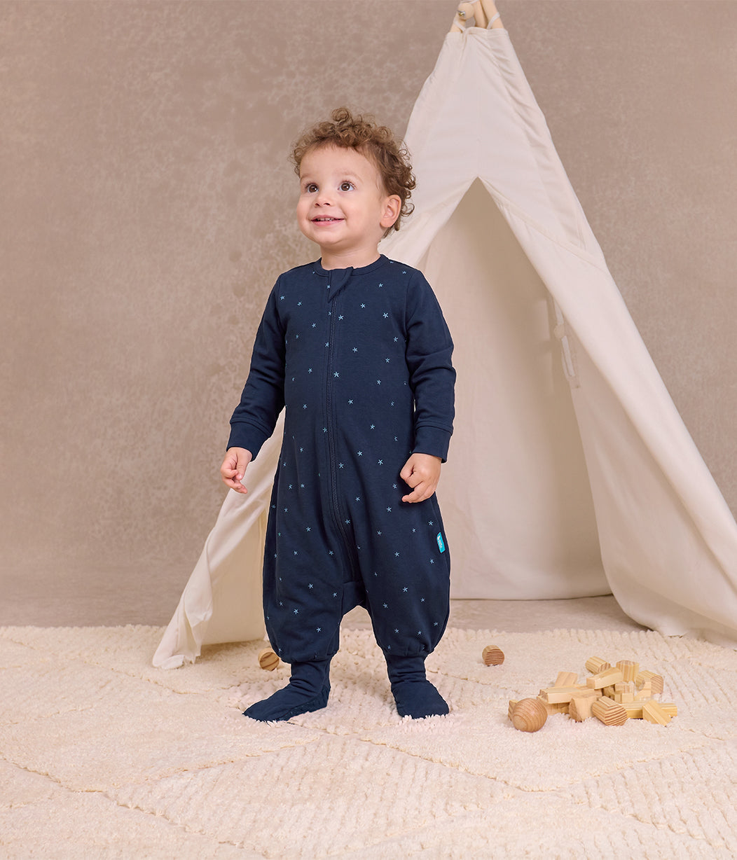 Sleep Suit Long Sleeve 1.5 TOG Cotton Fleece Navy Twinkle Embroidery