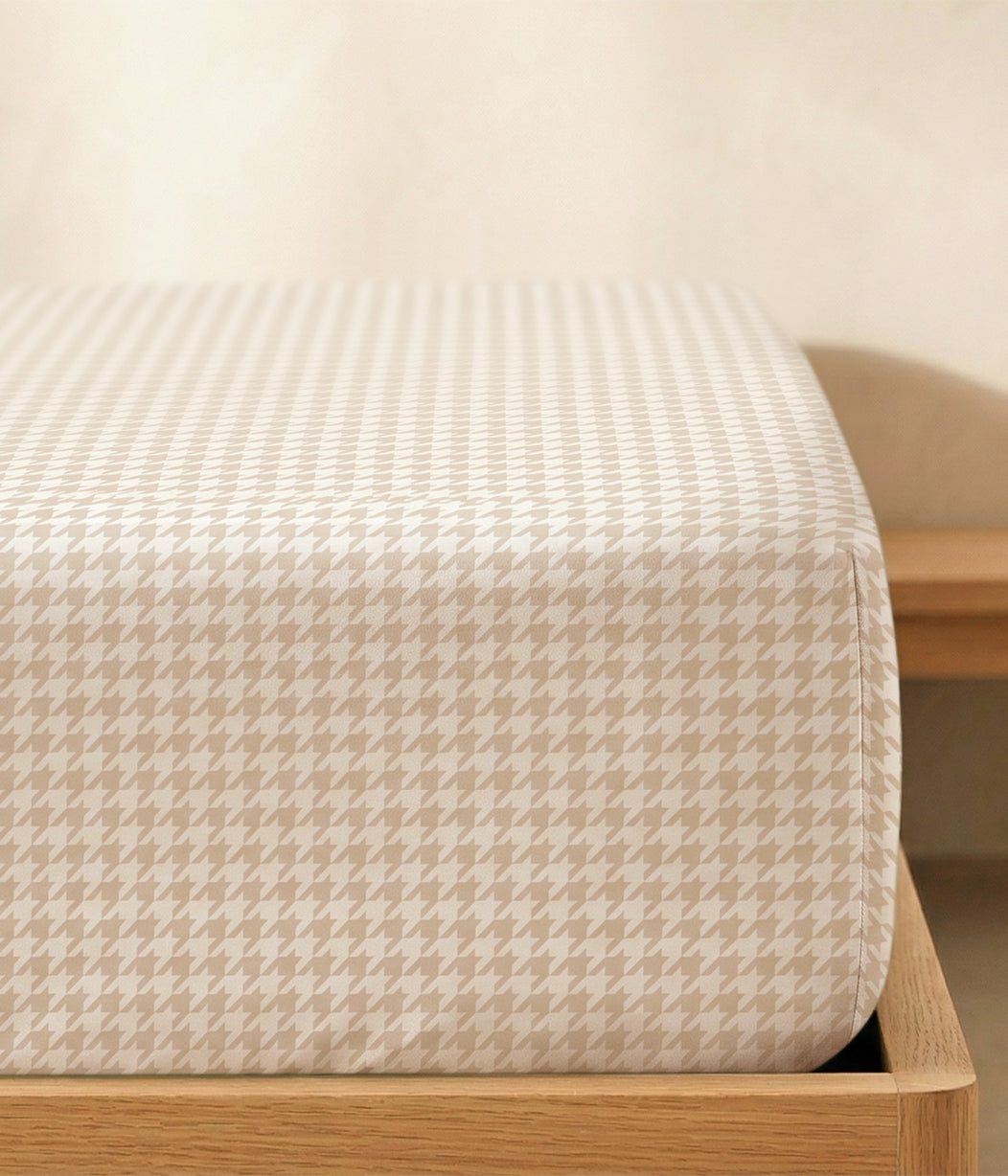 HushDry™ 2-in-1 Waterproof Fitted Super King Sheet Viscose from Bamboo Tan Houndstooth