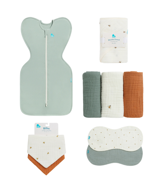 Newborn Essentials Bundle | Swaddle Up 0.2 TOG | Bib | Wash Cloth | Burp Cloth | Hooded Towel | Olive