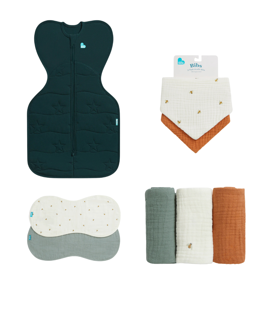 Newborn Essentials Bundle | Swaddle Up 3.5 TOG | Bib | Wash Cloth | Burp Cloth | Bees
