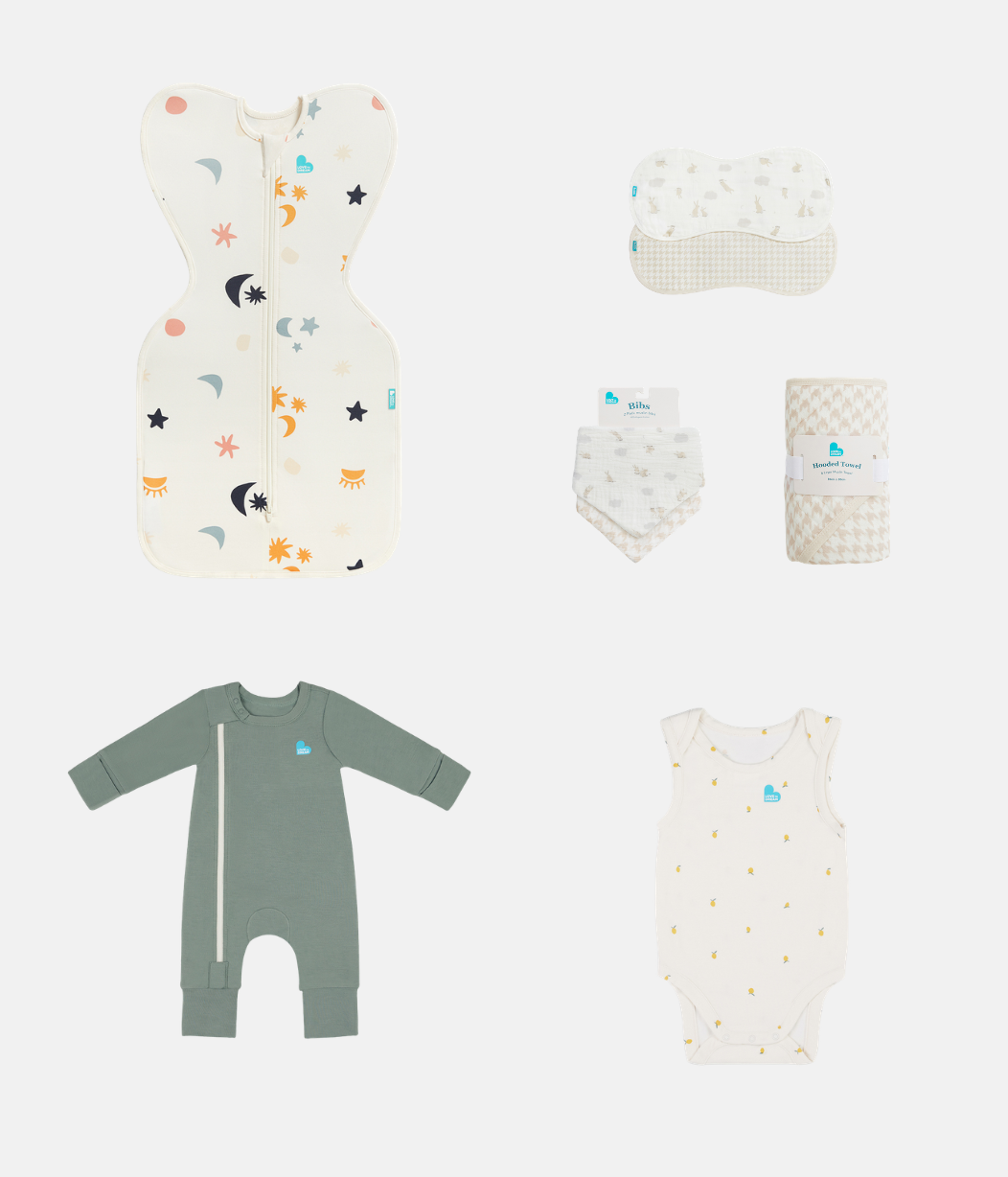 Newborn Essentials Bundle | Swaddle Up 1.0 TOG | Romper | Bodysuit | Bib | Towel | Burp