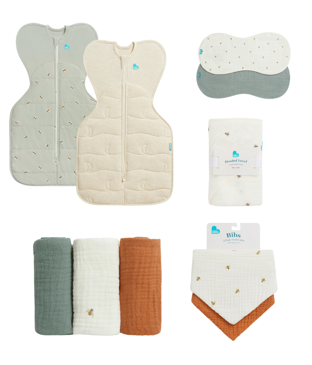 Newborn Essentials Bundle | Swaddle Up 2.5 | 3.5 TOG | Bib | Wash Cloth | Burp Cloth | Hooded Towel | Olive | Bees