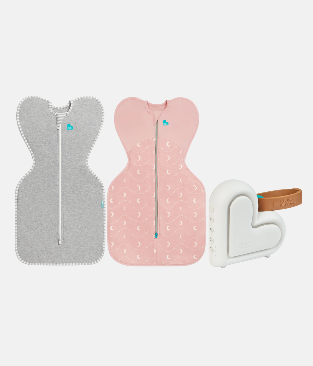 Sleep Machine Swaddle Up Starter Bundle | 1.0 | 1.5 TOG | Grey | Dusty Pink Moon and Back