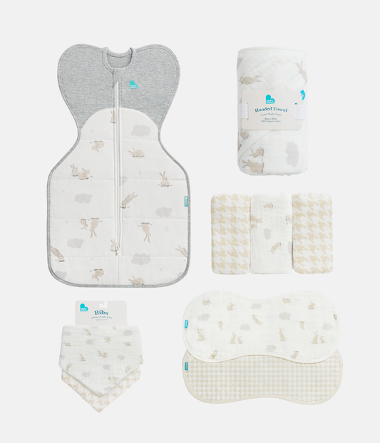 Newborn Starter Gift Bundle 2.5 TOG | Swaddle Up, Towel, Wash Cloth, Burp Cloths, Bibs | Cloud Bunnies