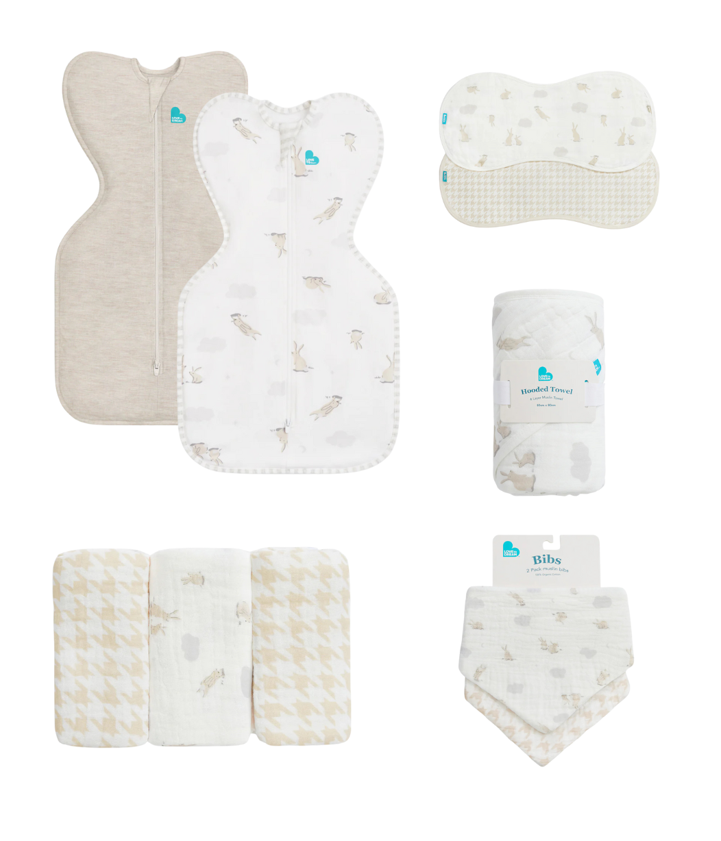 Newborn Essentials Bundle | Swaddle Up 1.0 TOG | Bib | Wash Cloth | Burp Cloth | Hooded Towel | Oat | Bunnies