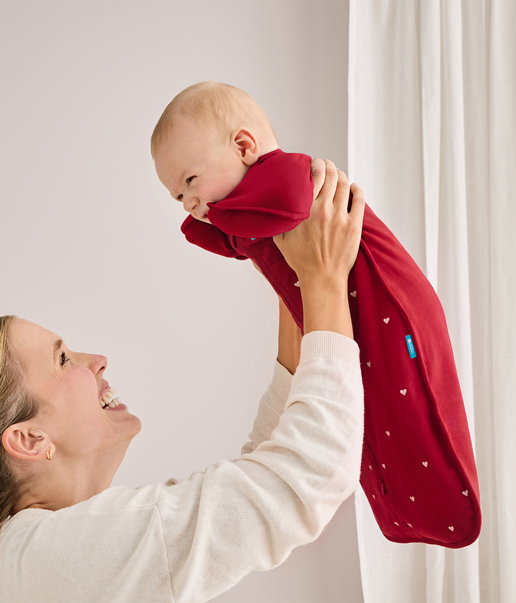 Swaddle Up™ 1.5 TOG Cotton Fleece Maroon Hearts Embroidery