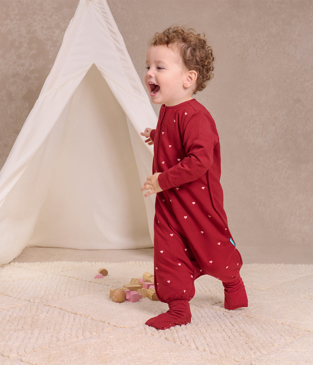 Sleep Suit Long Sleeve 1.5 TOG Cotton Fleece Maroon Hearts Embroidery