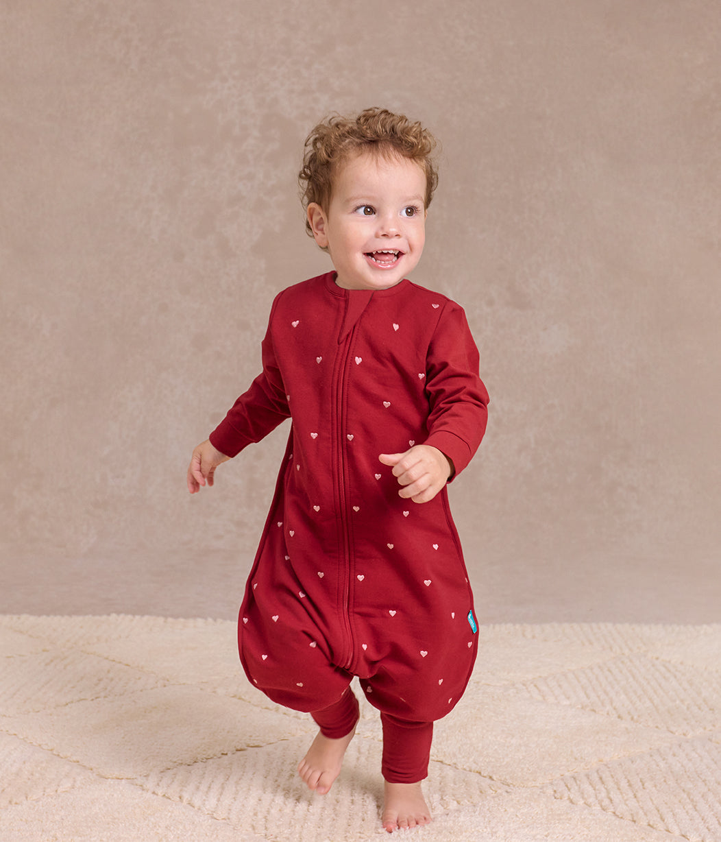 Sleep Suit Long Sleeve 1.5 TOG Cotton Fleece Maroon Hearts Embroidery