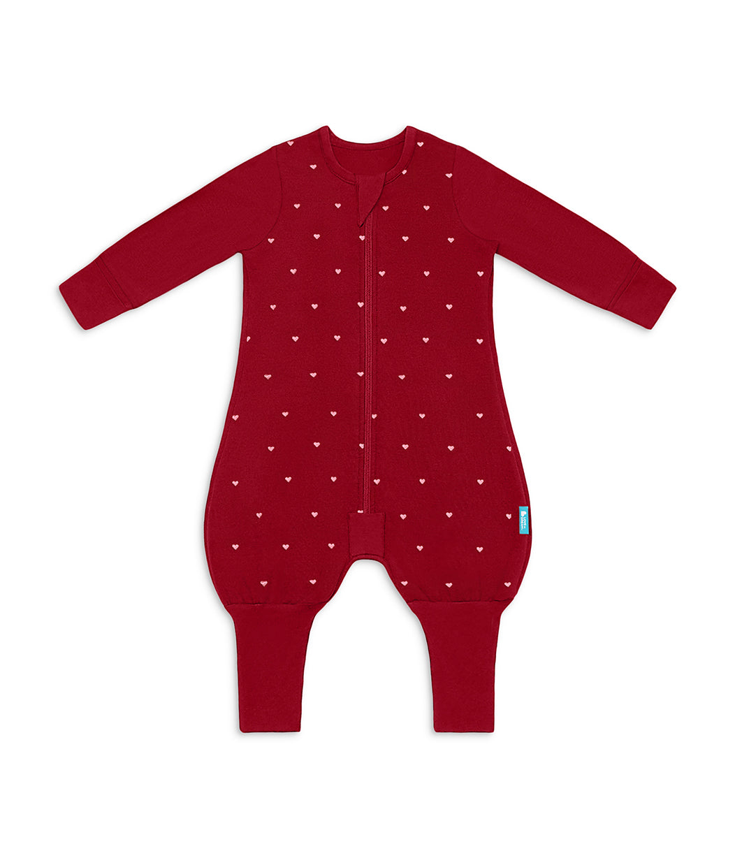 Sleep Suit Long Sleeve 1.5 TOG Cotton Fleece Maroon Hearts Embroidery