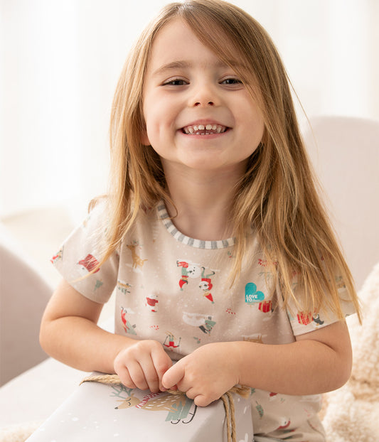 Kids Pyjama Set Short Sleeve Cotton Beige Snow Party