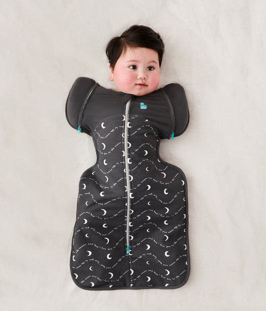 Swaddle Up™ Transition Bag 1.5 TOG Cotton Charcoal Moon and Back