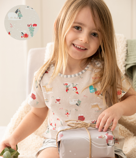 Kids Pyjama Set Short Sleeve Cotton Beige Snow Party