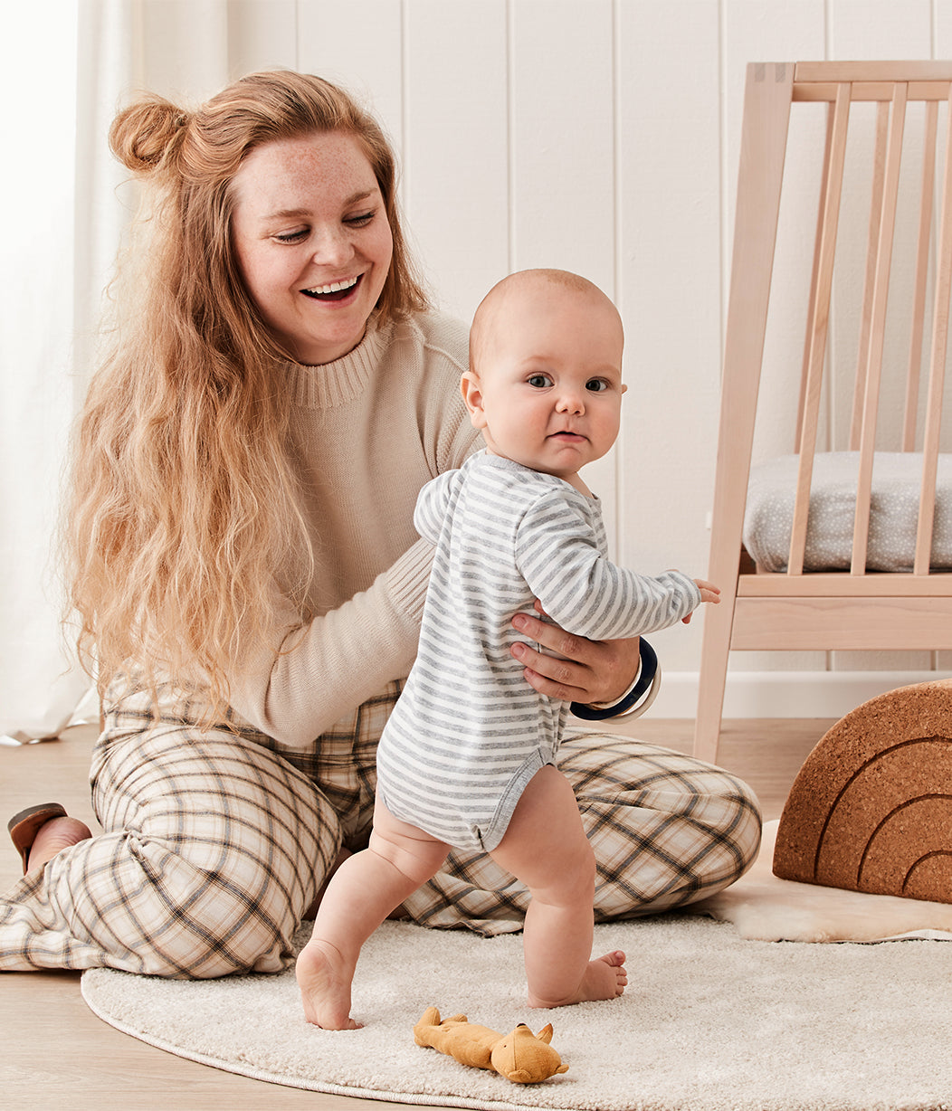 Bodysuit Long Sleeve Grey Stripe Cotton