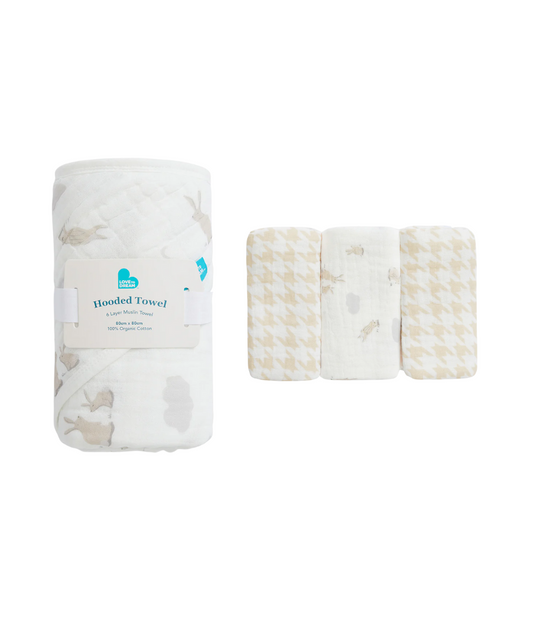 Baby Bath Bundle | Hooded Towel, Wash Cloth | Cloud Bunnies