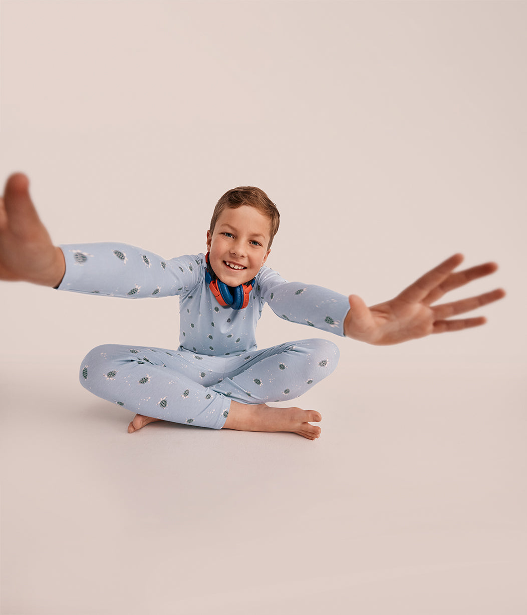 Kids Pyjama Set Long Sleeve Viscose from Bamboo Mist Blue Turtally